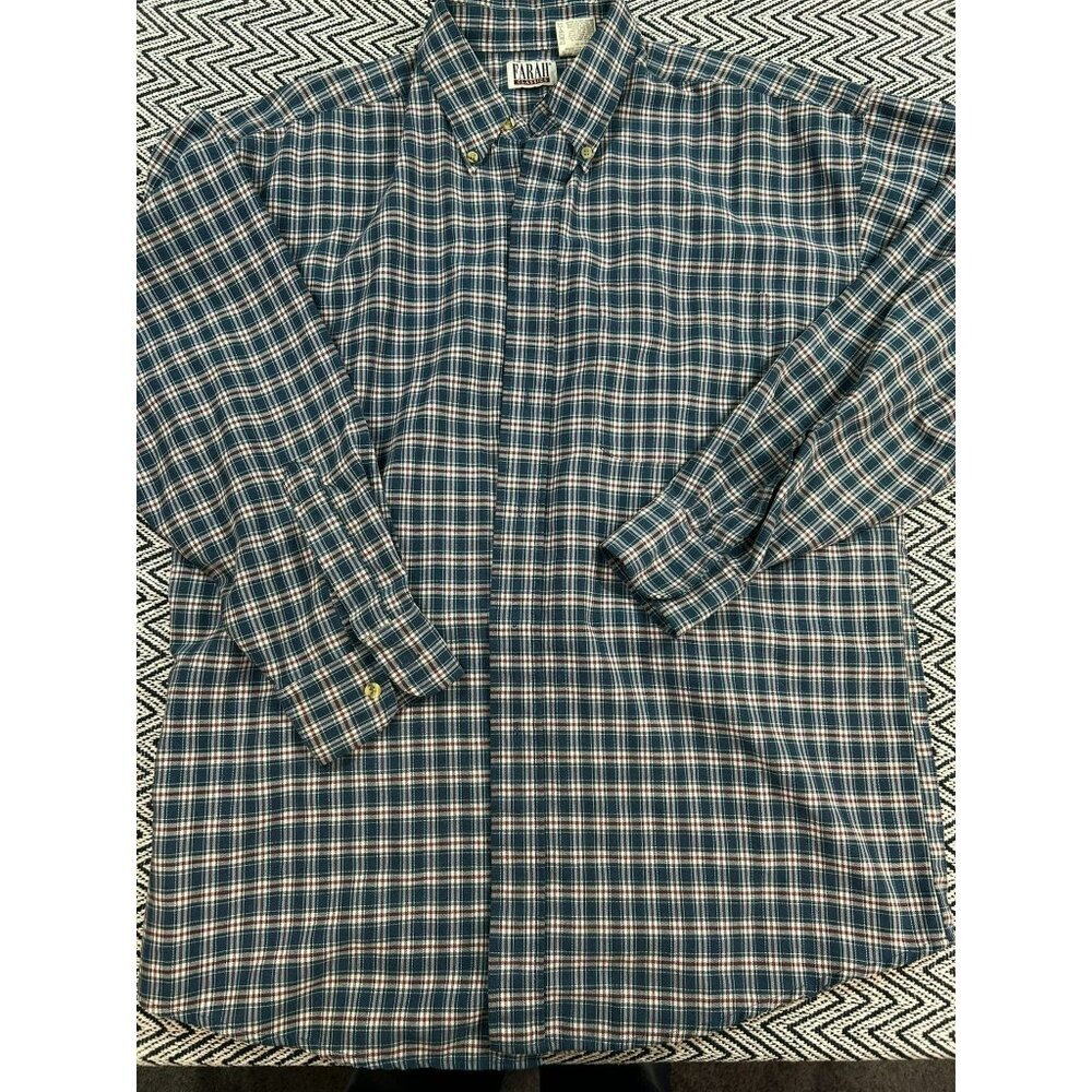 Farah Classics Mens Large Plaid Button-Down Shirt Blue/Red/White Long Sleeve Cot